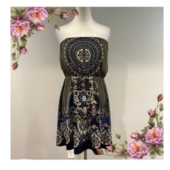 Maurices Olive Green Strapless Mini Dress small bohemian boho-chic aesthetic. - Picture 1 of 9